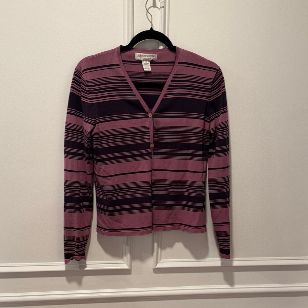 Jones New York Essentials Cardigan Size Medium Purple Mauve Striped Silk Blend‎